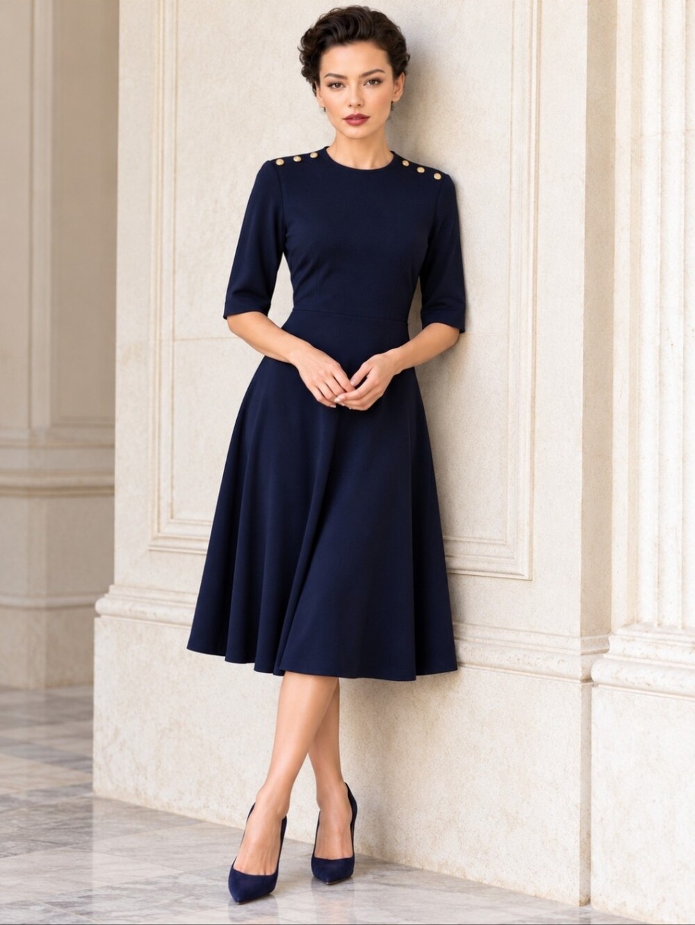 L.K. Bennett Designer Dress Navy Fit and Flare Quiet Luxury